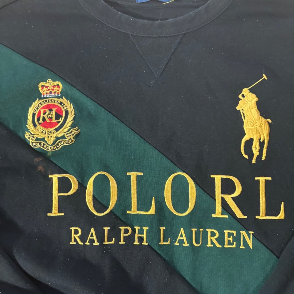 Polo Ralph Lauren Sweatshirt Mens 4XB Black Green Sash Big Pony Crest Pullover - Picture 2 of 10